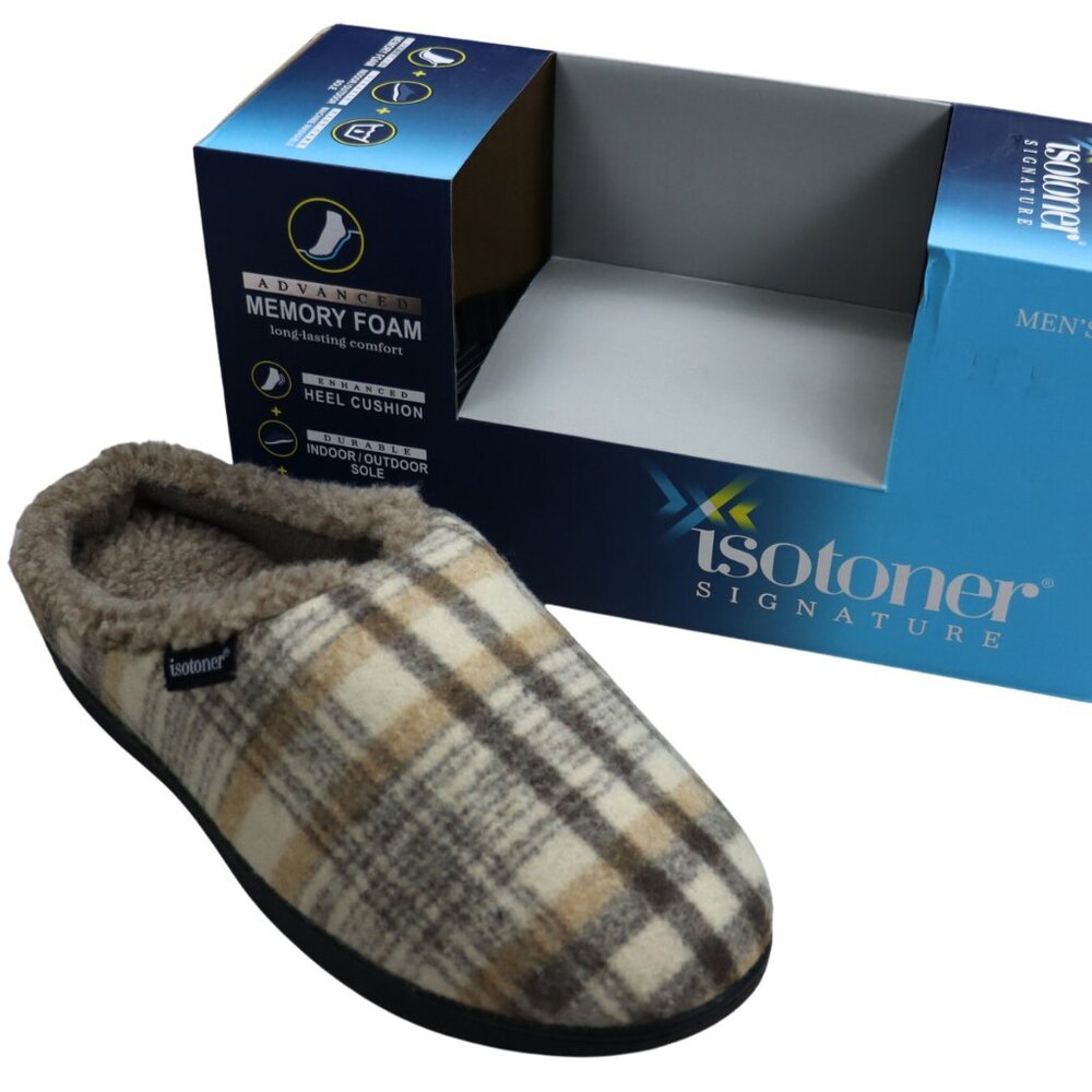 sotoner Signature Memory Foam Indoor/Outdoor Men's Slippers NIB Sand Plaid